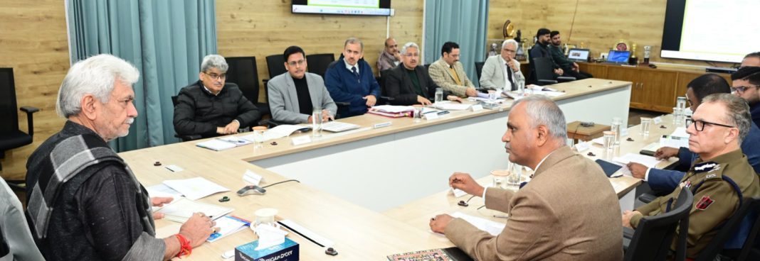 SHILPA SHARMA Jammu, Dec 20: Lieutenant Governor Manoj Sinha chaired a high-level review meeting of Subordinate Departments of Home Department, at Lok Bhavan, Jammu. The meeting discussed the Budget and Expenditure Position of Prisons, Prosecution, Home Guards/CD & SDRF, Fire & Emergency Services, Forensic Sciences Laboratory, Sainik Welfare, and Advisory Board under PSA in BE 2025-26. The Lieutenant Governor took a comprehensive review of progress achieved under vital ongoing projects including construction of High Security Prison at Mahanpur Kathua; establishment of Cyber Division at FSL Jammu, up-gradation of Cyber Division at FSL Srinagar and construction of Bunkers in Border Districts of J&K. He directed for expediting the pace of works and strengthening of various wings of the Home Department through coordinated efforts.The Lieutenant Governor also instructed for sensitization of prison officers and staff and frequent checking and surveillance of prisons across UT of J&K. The meeting was attended by Atal Dulloo, Chief Secretary, Deepak Kumar, Director General of Police, Prisons; Chandraker Bharti, Principal Secretary Home; Santosh D. Vaidya, Principal Secretary, Finance Department; Dr. Mandeep K. Bhandari, Principal Secretary to the Lieutenant Governor; Abdul Ghani Mir, Commandant General Home Guards; Alok Kumar, Director Fire and Emergency Services; Brig. Pankaj Chib (Retd), Director Sainik Welfare Department; Om Prakash, Director, Forensic Sciences Laboratory (FSL) and other senior officials.