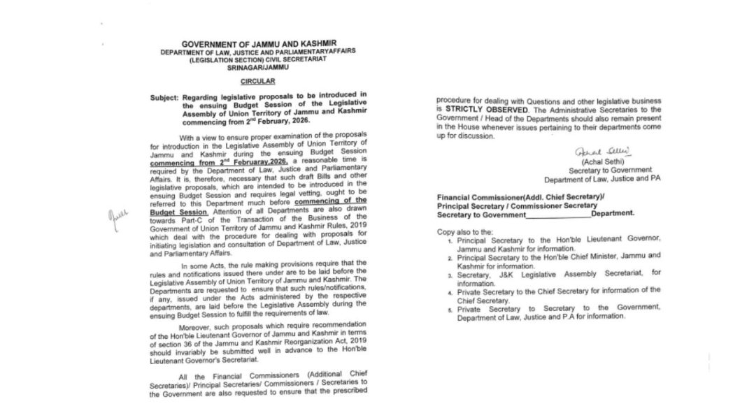 Law Department Directs Timely Submission And Legal Vetting Of Bills Ahead Of J&K Budget Session