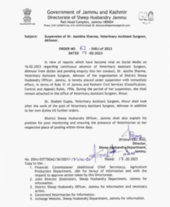 Suspension Order of Dr Aastha Sharma issued by Directorate of Sheep Husbandry Jammu