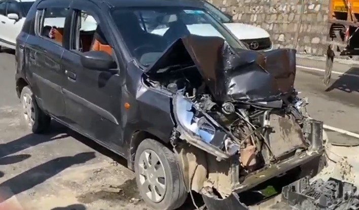 Shattered car in the accident in Katra