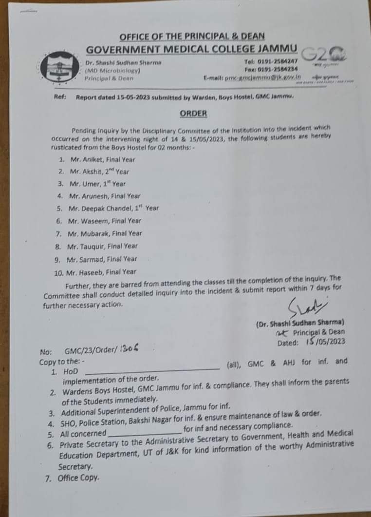 Order issued by GMC against the students