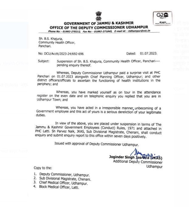 Suspension order of CHO Panchari B.S Khajuria , issued by DC Udhampur