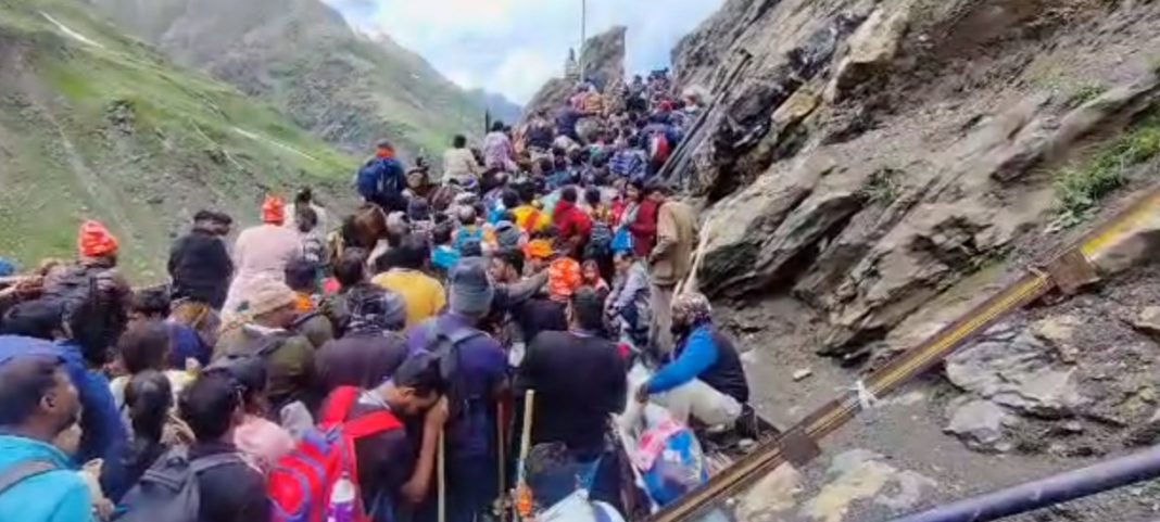 Yatris moving forward to the Amarnath holy shrine from Panchtarni after taking a halt due be spoiled weather