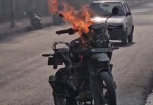 Royal Enfield Bike Catches Fire Near SKICC on Boulevard Road Royal Enfield Bike Catches Fire Near SKICC on Boulevard Road
