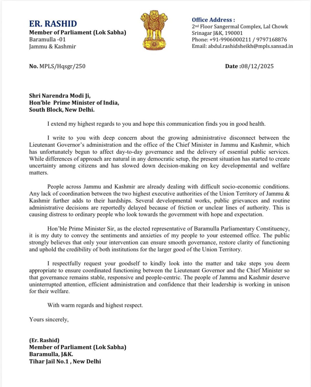 Er Rashid Writes to PM Modi on LG–CM Disconnect