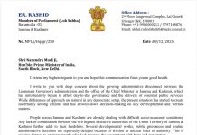 Er Rashid Writes to PM Modi on LG–CM Disconnect Er Rashid Writes to PM Modi on LG–CM Disconnect