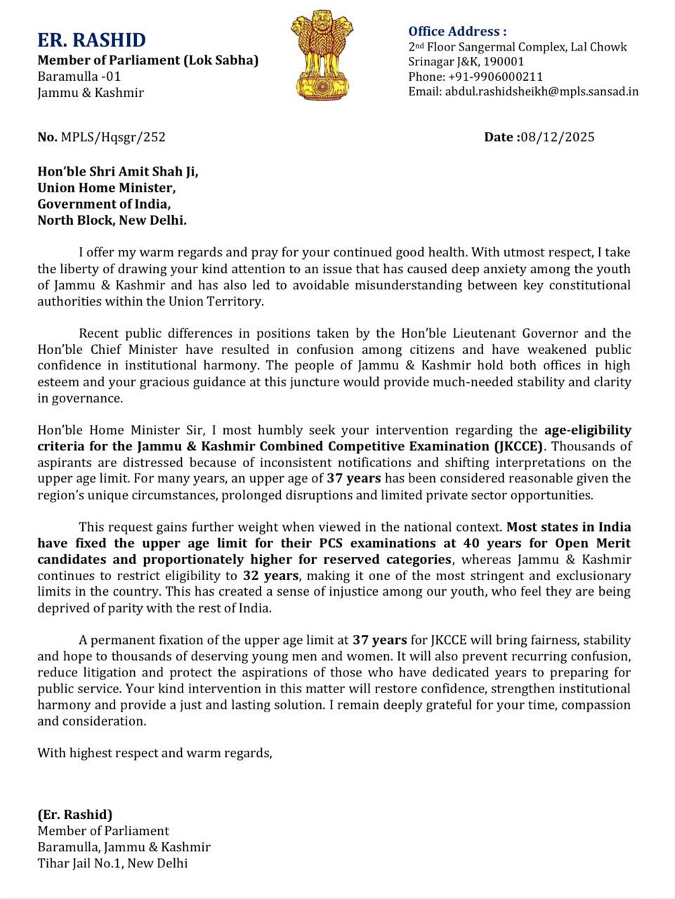 WhatsApp Image 2025-12-09 at 16.51.07 MP Er Rashid Writes to Home Minister Seeking Permanent Fixation of 37-Year Age Limit for JKCCE