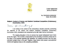 CM Omar Abdullah Urges JKPSC to Postpone Tomorrow’s Examination Srinagar, December 6: Asif Rashid Chief Minister Omar Abdullah has urged the Jammu and Kashmir Public Service Commission (JKPSC) to postpone the examination scheduled for tomorrow on 7th December (Sunday). The appeal comes amid growing concerns raised by aspirants regarding inadequate preparation time and logistical difficulties faced across UT after LG Sinha Clarifies JKPSC Exam File Issue; Says Social Media Claims Misleading. According to the Chief Minister's letter the administration must ensure that no candidate is deprived of a fair opportunity due to unavoidable circumstances. He emphasized that conducting an important competitive examination under such conditions may lead to unnecessary stress and inconvenience for thousands of students. Omar Abdullah requested JKPSC to review the situation on humanitarian grounds and reschedule the exam to a more suitable date. He added that the government remains committed to safeguarding the interests of youth and ensuring transparency and fairness in the recruitment process. The ball is now in JKPSC’s court as candidates await an official announcement regarding the postponement.